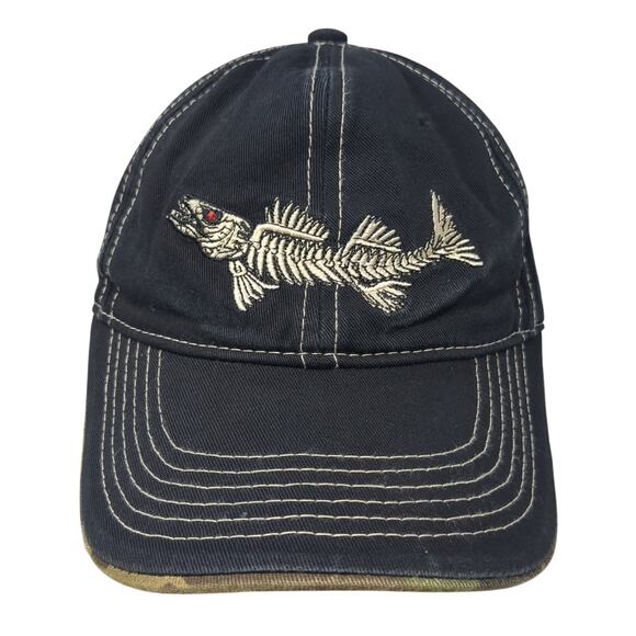 Fishbone Strapback Baseball Cap Black OS Adjustable Embroidered Outdoor Cap - Picture 1 of 8